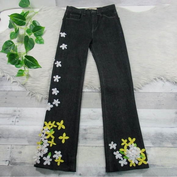 MARC JACOBS Dark Wash Customized Floral Appliqué Bootcut Jeans Women’s Size 26 - Picture 4 of 14